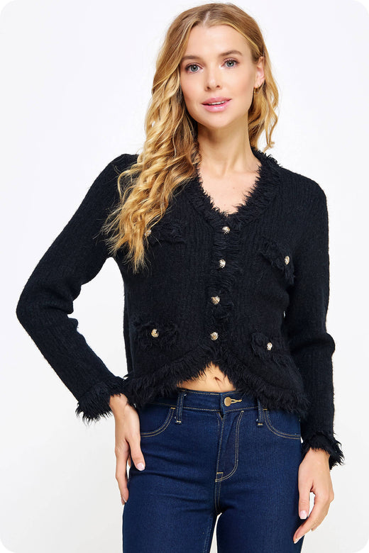 Frayed Trim Textured Cardigan