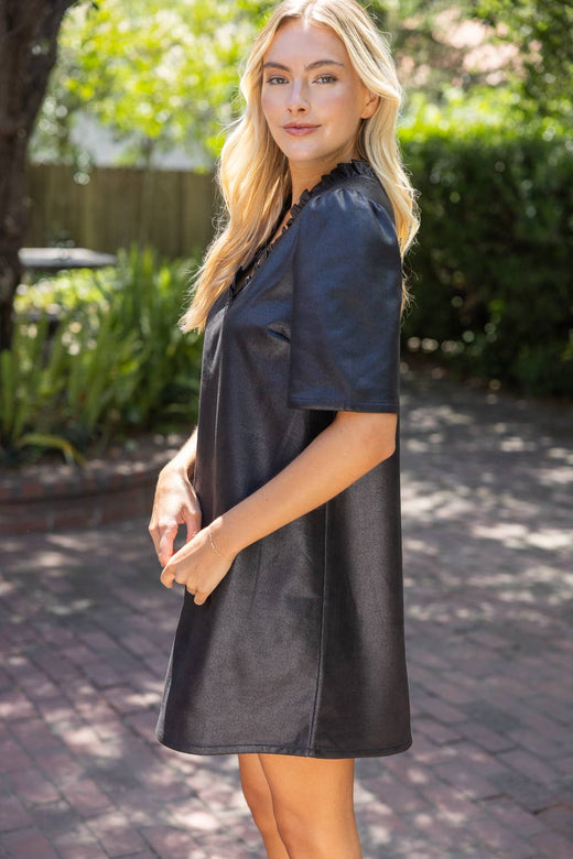 Ruffled V-Neck Solid Faux Leather Shift Dress