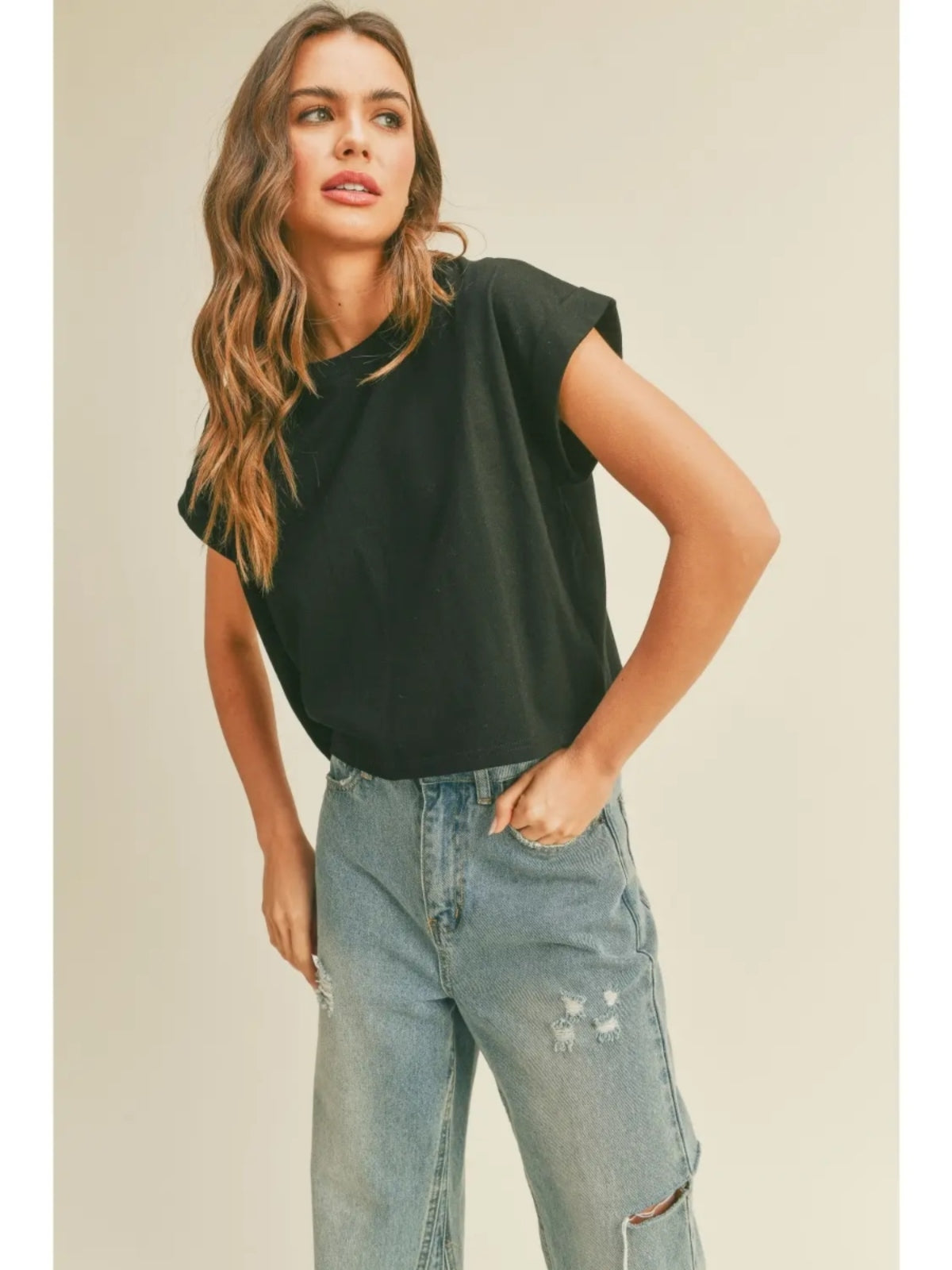 Round Neck Cuffed Sleeve Top