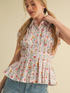 Button Down Pleated Waist Peplum Top
