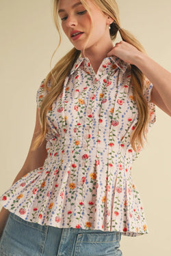 Button Down Pleated Waist Peplum Top