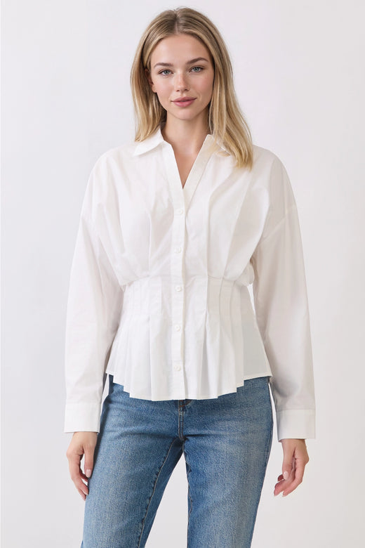 Classic Collar Pleated Button-Down Blouse