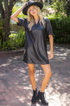 Ruffled V-Neck Solid Faux Leather Shift Dress