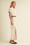 Sueded Knit Asymmetric Belted Cowl Dress