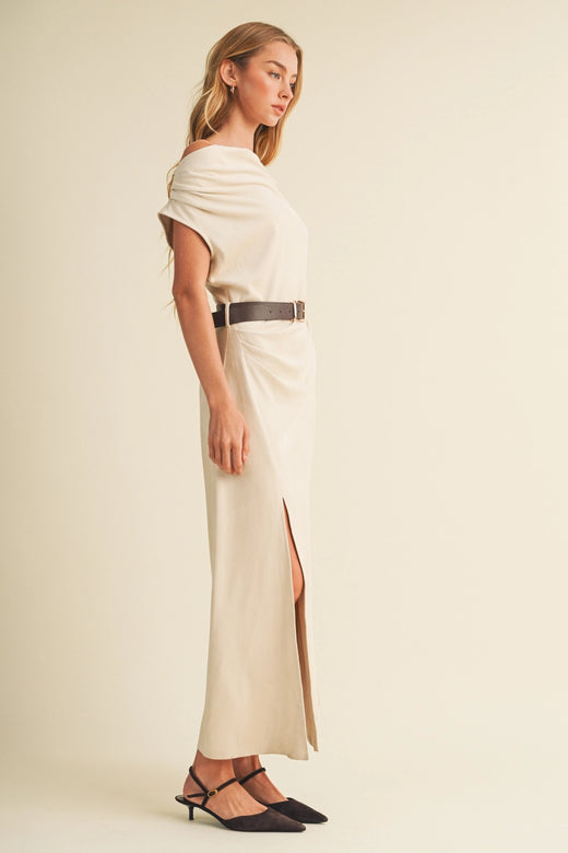 Sueded Knit Asymmetric Belted Cowl Dress