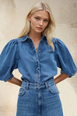 Balloon Sleeve Denim Top