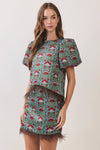 CT10188-Floral Print Feather Trim Top