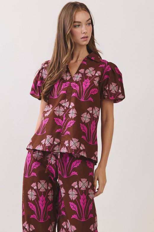 Floral Print Puff Sleeve Collared Top