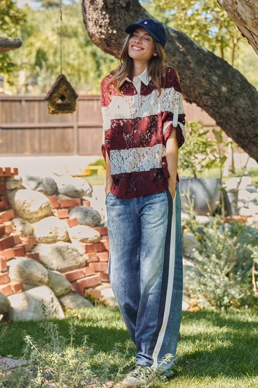 Wide Leg Faux Denim Track Pants With Side Stripes