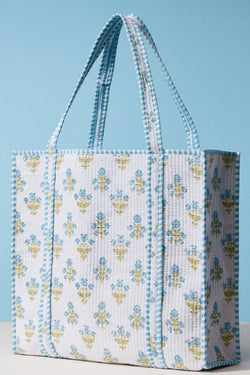 Blue Floral Hand Block Print Quilted Tote