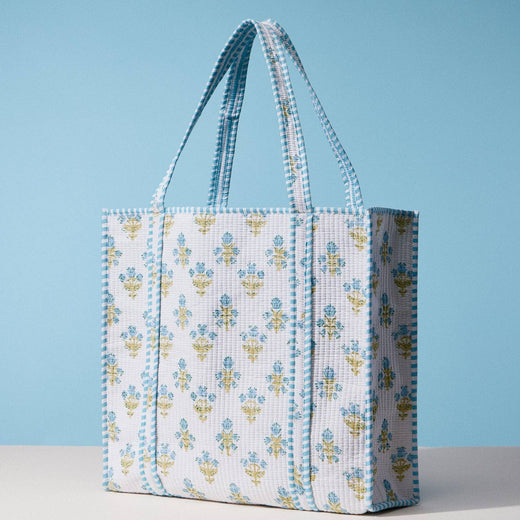 Blue Floral Hand Block Print Quilted Tote