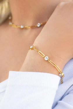 Bracelet - 18K Gold Station Stone Stone Paperclip