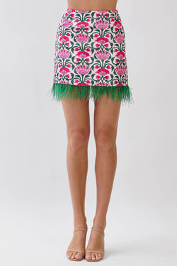 Floral Print Feather Trim Skirt