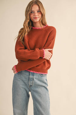 Puff Sleeve Sweater with Contrast Stitch