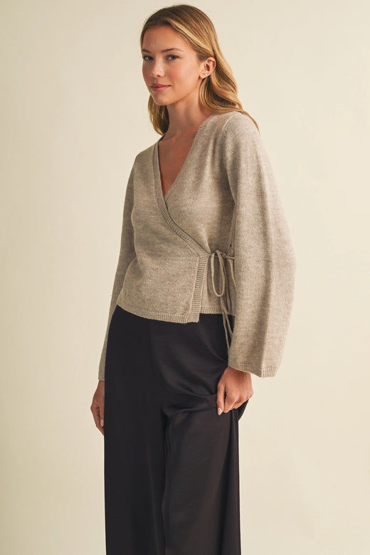 Self-Tie Waist Flared Sleeve Knit Blouse