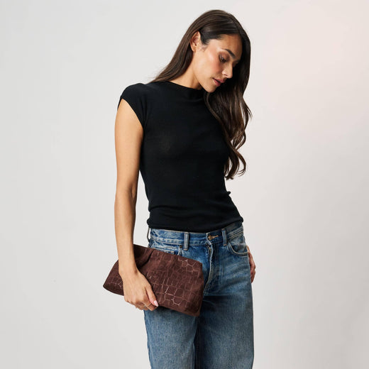 Elva Croc Embossed Faux Suede Clutch