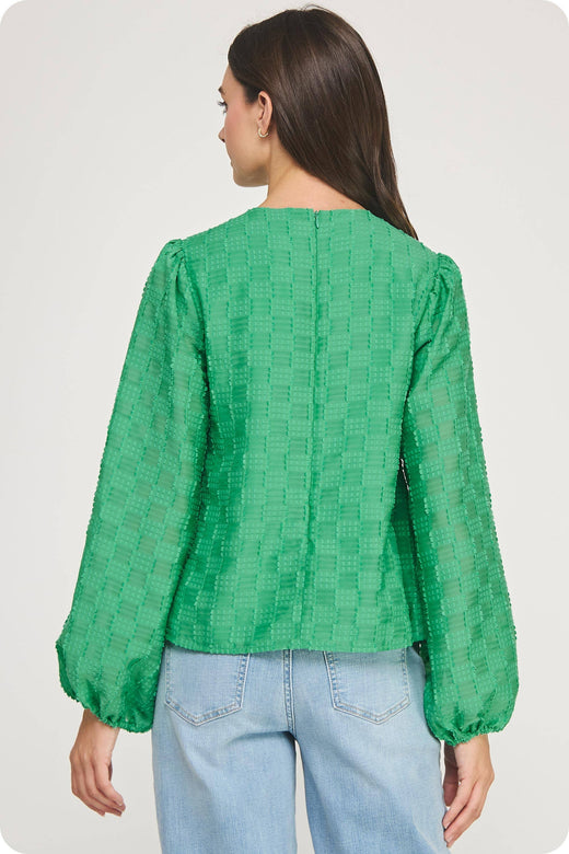 Pintuck Check Textured Puff Sleeve Blouse
