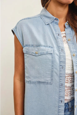 Cap Sleeve Button Up Denim Shirt
