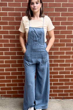 Tie Shoulder Soft Denim Jumpsuit