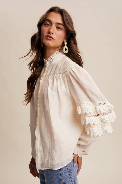 Lace Ruffle Sleeve Pintuck Shirt