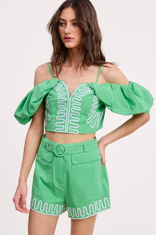 Embroidery Detail Belted Shorts