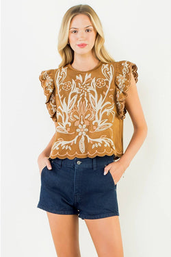 THML, Flutter Sleeve Suede Embroidery Detail Top