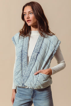 Kimono Style Open Front Vintage Denim Vest