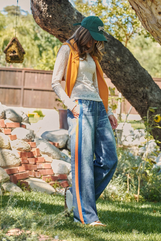 Wide Leg Faux Denim Track Pants With Side Stripes