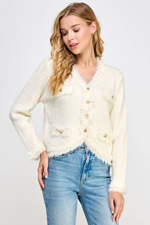 Frayed Trim Textured Cardigan