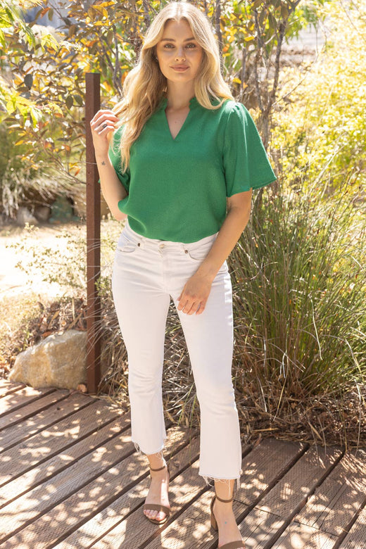 Ruffle V-Neck Solid Tweed Top