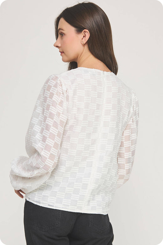 Pintuck Check Textured Puff Sleeve Blouse