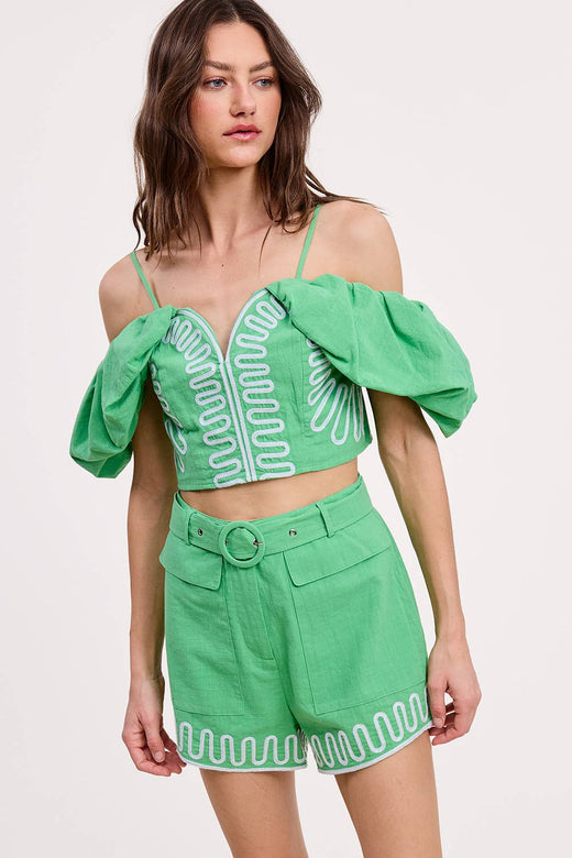 Embroidery Detail Belted Shorts