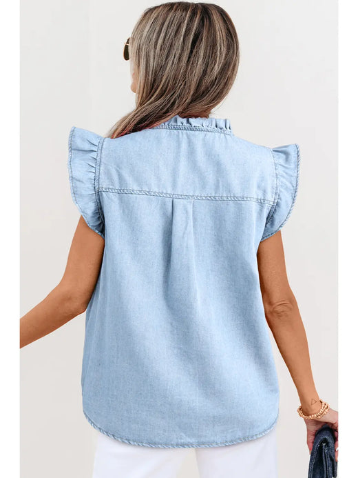 Chic Cap Sleeve Frilled Button Up Denim Shirt