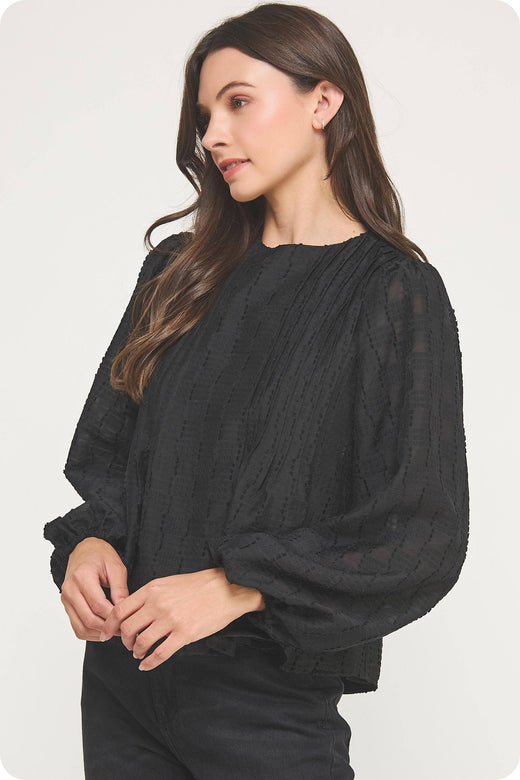 Pintuck Check Textured Puff Sleeve Blouse