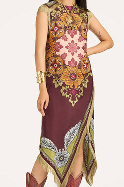 Fringe-Trim Floral Shift Dress