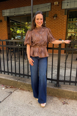 High Banded Animal Print Peplum Top