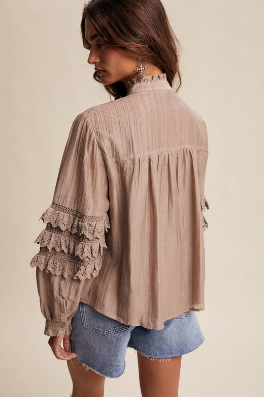 Lace Ruffle Sleeve Pintuck Shirt