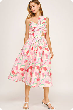 Knotted Flower Bow Floral Midi Dress