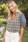 Stripe Denim Sleeve Houndstooth Tweed Top