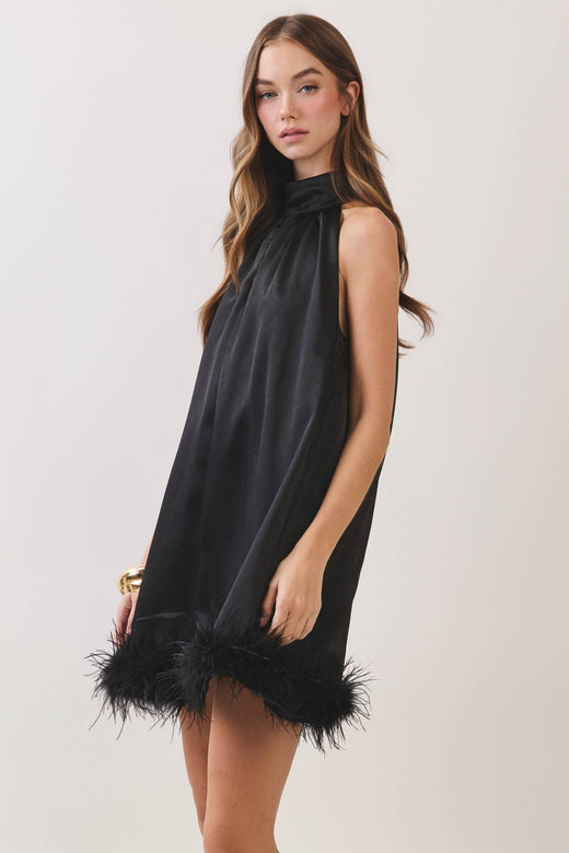 Feather Trim Halter Mini Dress