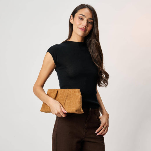 Elva Croc Embossed Faux Suede Clutch