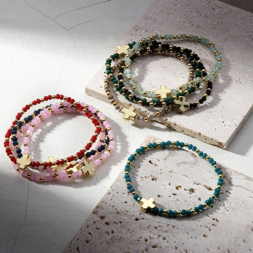 4mm Crystal Stretch Bracelet with Single Cross