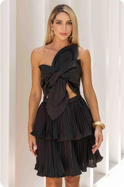 Knotted Flower Bow Satin Pleated Mini Dress
