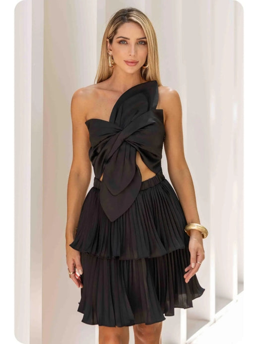 Knotted Flower Bow Satin Pleated Mini Dress