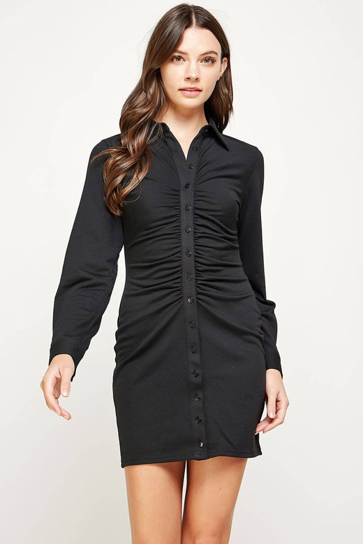 Ruched Button Down Shirt Knit Mini Dress