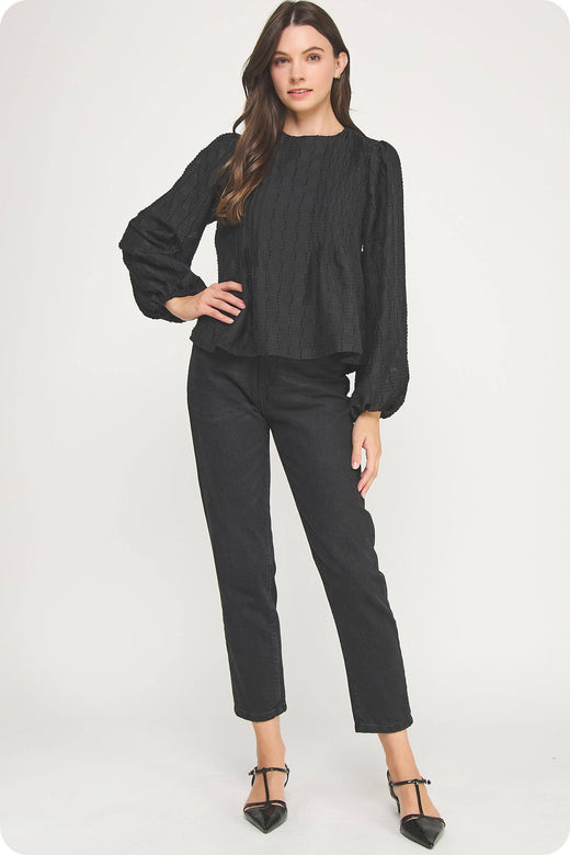 Pintuck Check Textured Puff Sleeve Blouse