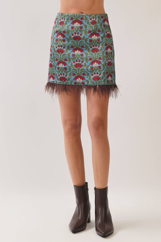 Floral Print Feather Trim Skirt