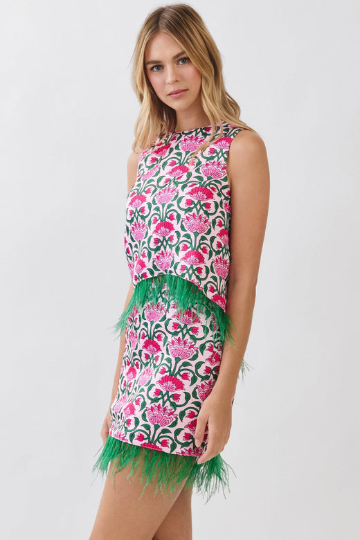 Floral Print Feather Trim Sleeveless Top