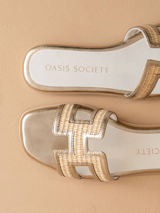 Ena Gold H Cutout Raffia Slide