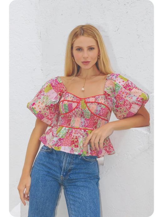 Contrast Piping Floral Blouse